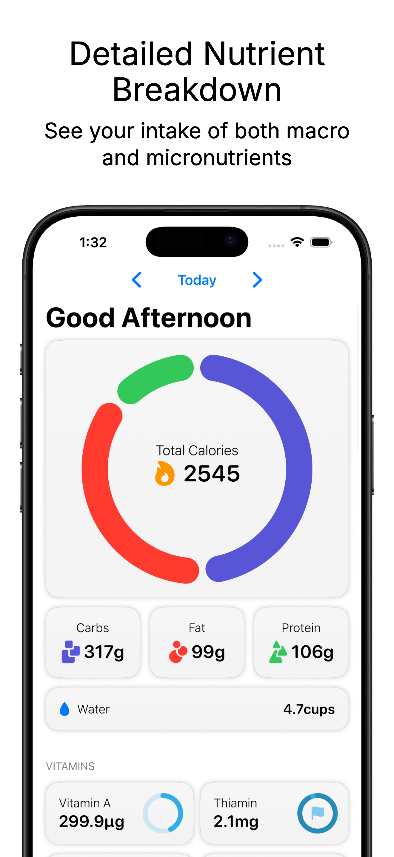 Nutrient Logger dashboard showing daily nutrient breakdown